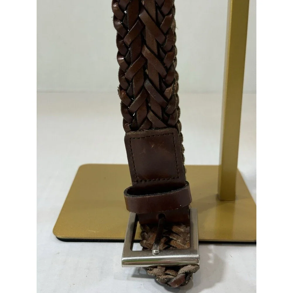 Braided Woven Leather Belt Nickel Tone‎ Brown Buckle Size L